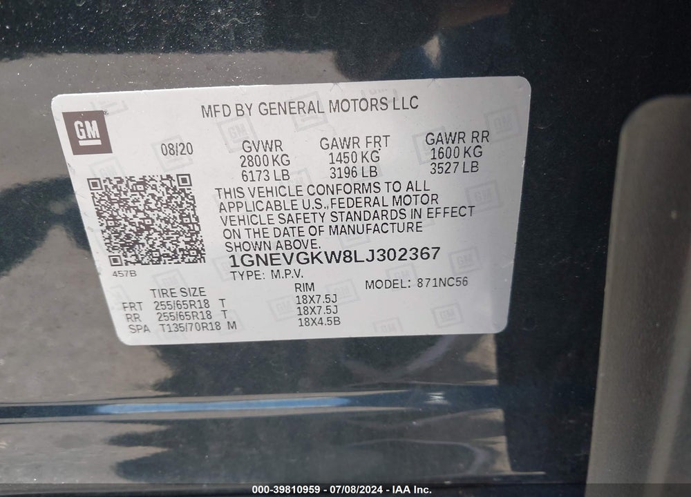2020 CHEVROLET TRAVERSE AWD LT CLOTH VIN: 1GNEVGKW8LJ302367