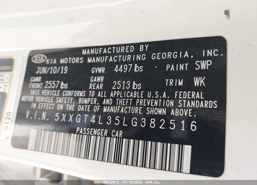 2020 KIA OPTIMA LX VIN: 5XXGT4L35LG382516
