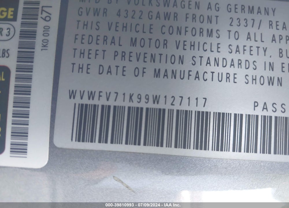 2009 VOLKSWAGEN GTI 2-DOOR VIN: WVWFV71K99W127117
