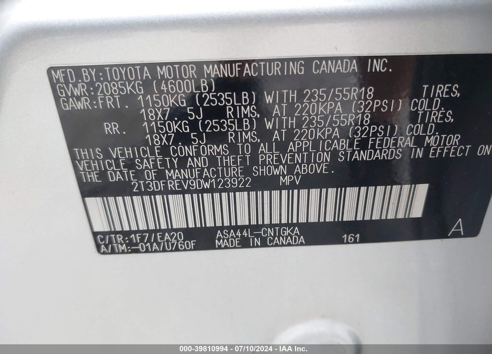 2013 TOYOTA RAV4 LIMITED VIN: 2T3DFREV9DW123922