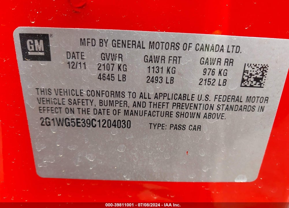 2012 CHEVROLET IMPALA LT VIN: 2G1WG5E39C1204030