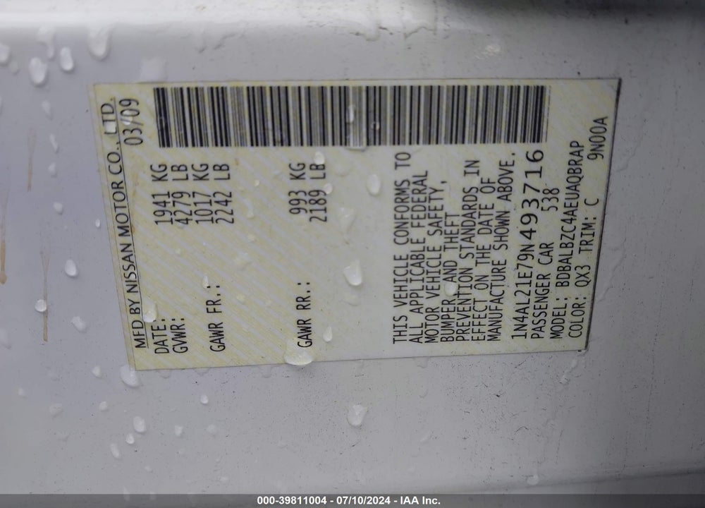 2009 NISSAN ALTIMA 2.5 S VIN: 1N4AL21E79N493716