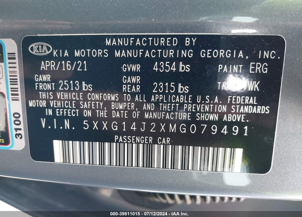 2021 KIA K5 LXS VIN: 5XXG14J2XMG079491