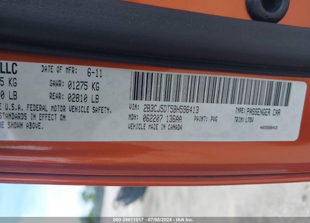 2011 DODGE CHALLENGER R/T VIN: 2B3CJ5DT5BH596413