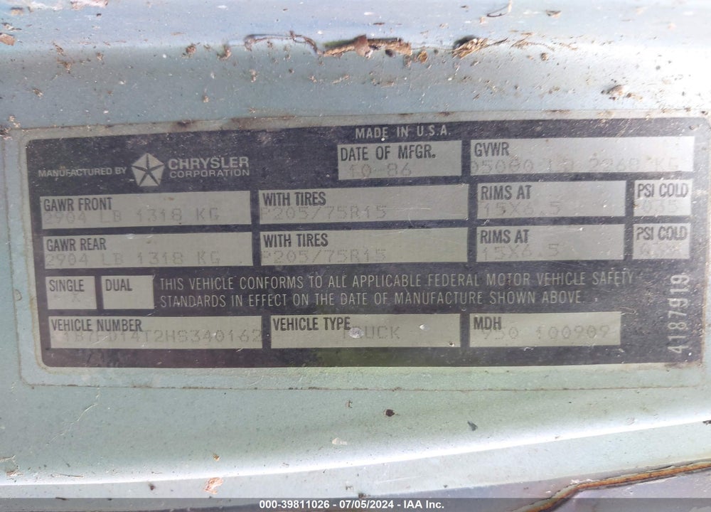 1987 DODGE D-SERIES D150 VIN: 1B7FD14T2HS340162