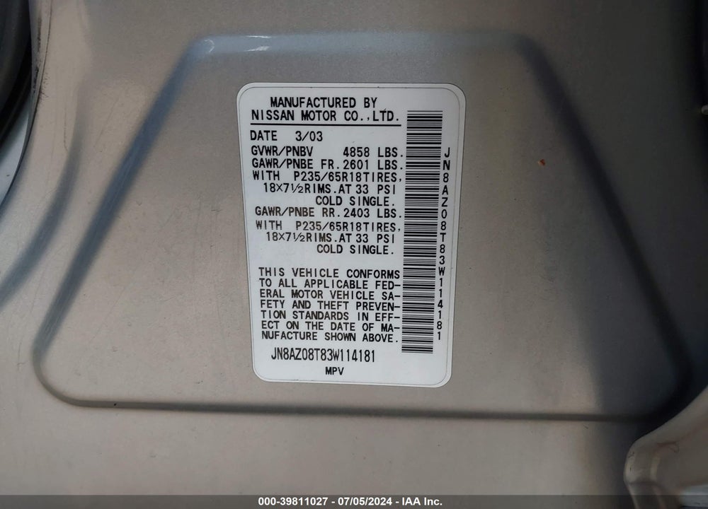 2003 NISSAN MURANO SE VIN: JN8AZ08T83W114181