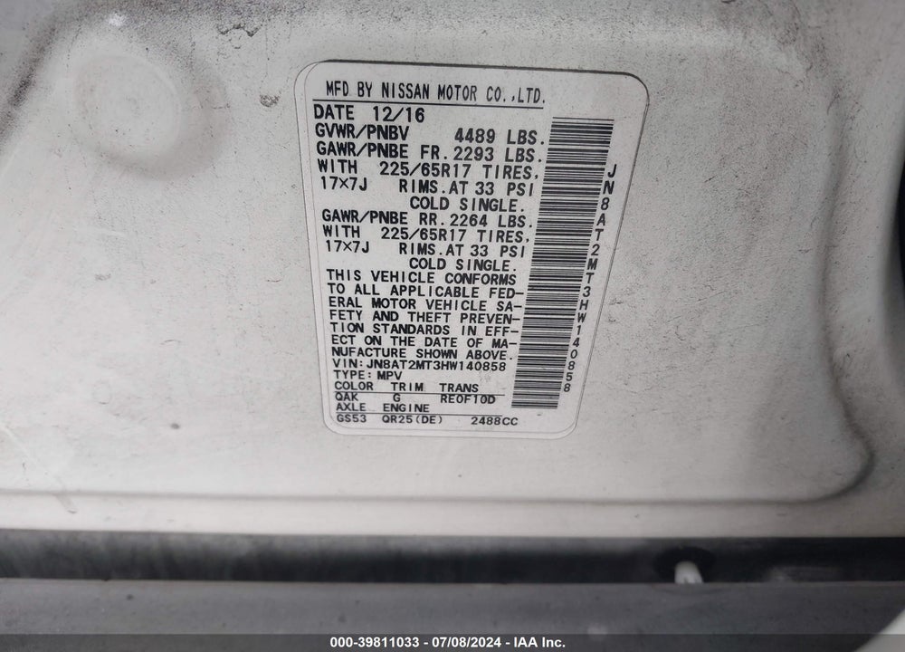 2017 NISSAN ROGUE S VIN: JN8AT2MT3HW140858
