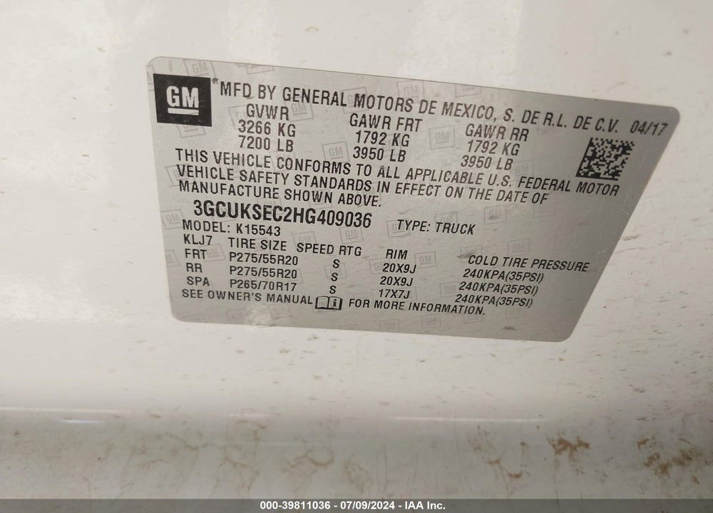 2017 CHEVROLET SILVERADO 1500 2LZ VIN: 3GCUKSEC2HG409036