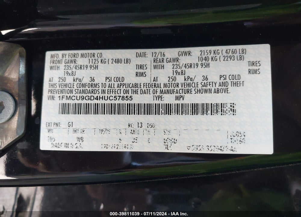 2017 FORD ESCAPE SE VIN: 1FMCU9GD4HUC57855