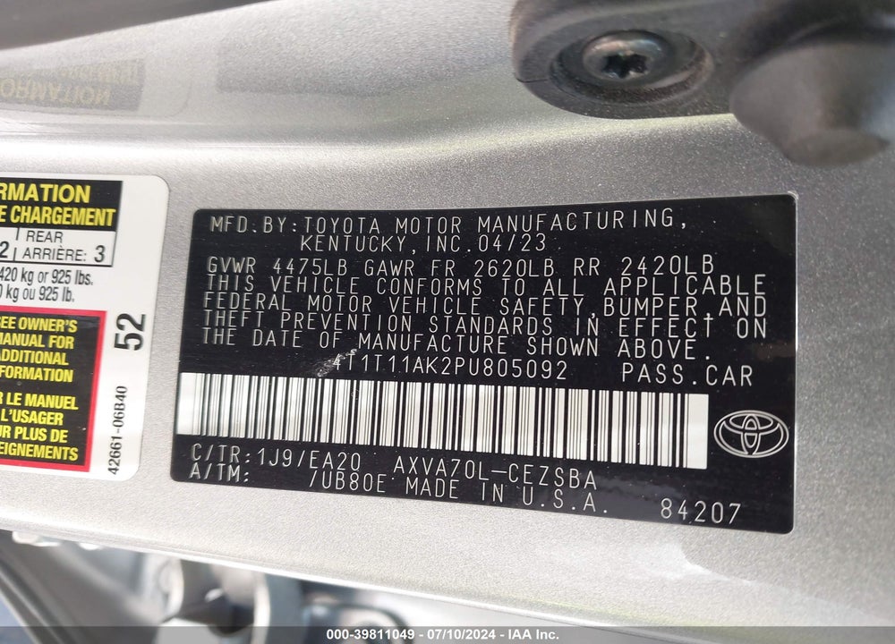 2023 TOYOTA CAMRY SE VIN: 4T1T11AK2PU805092