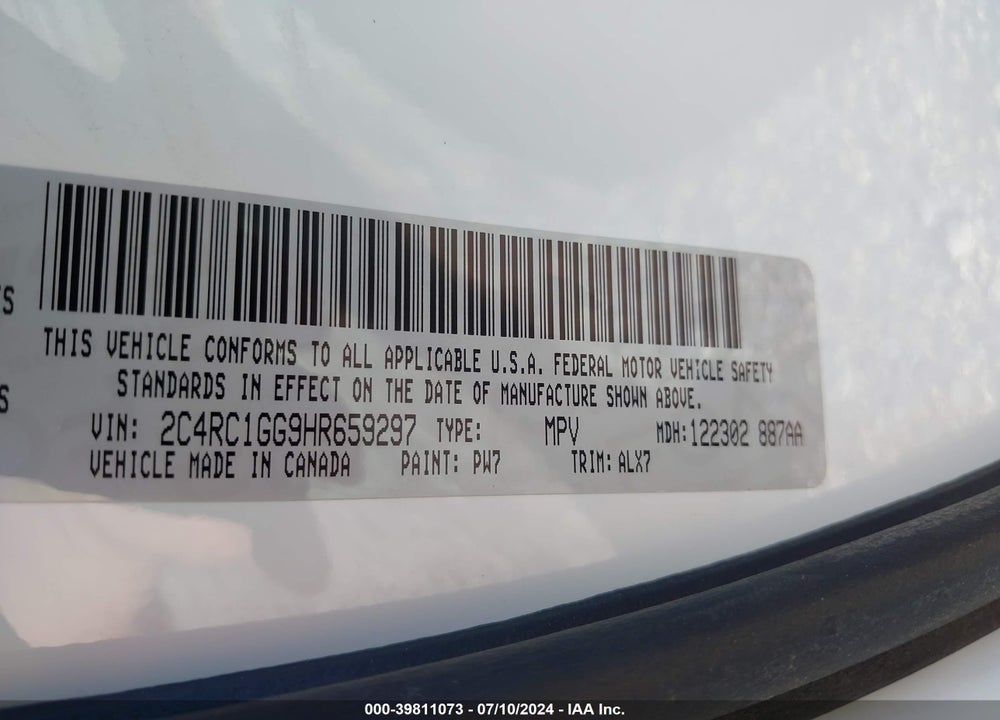 2017 CHRYSLER PACIFICA LIMITED VIN: 2C4RC1GG9HR659297