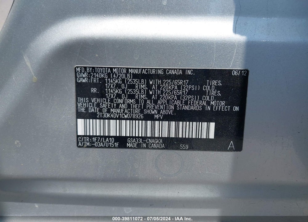 2012 TOYOTA RAV4 LIMITED V6 VIN: 2T3DK4DV1CW078926