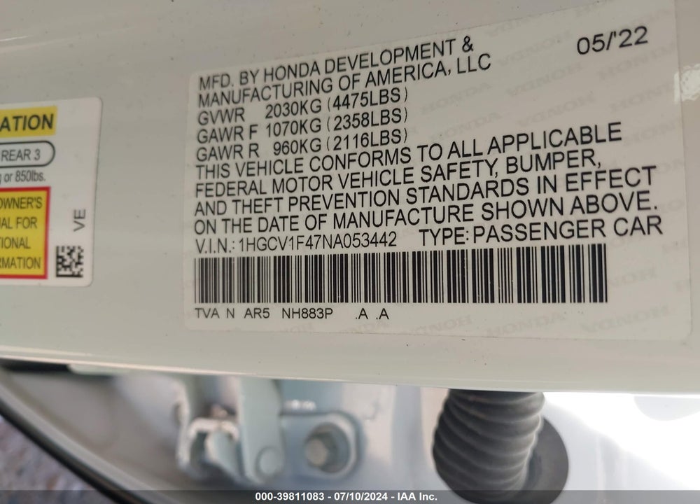 2022 HONDA ACCORD SPORT SPECIAL EDITION VIN: 1HGCV1F47NA053442