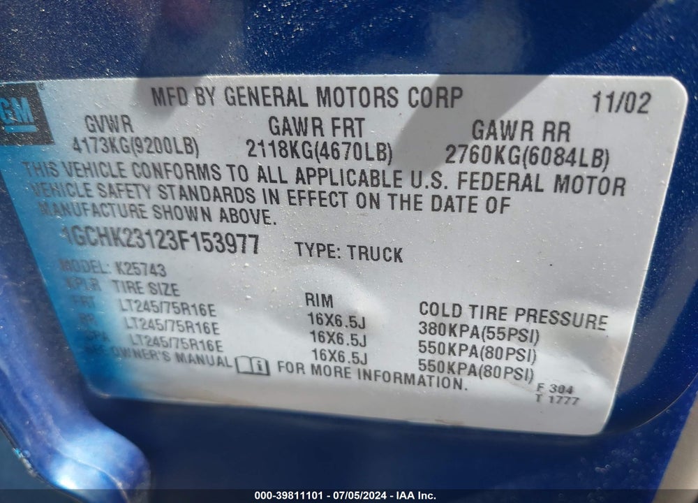 2003 CHEVROLET SILVERADO 2500HD VIN: 1GCHK23123F153977