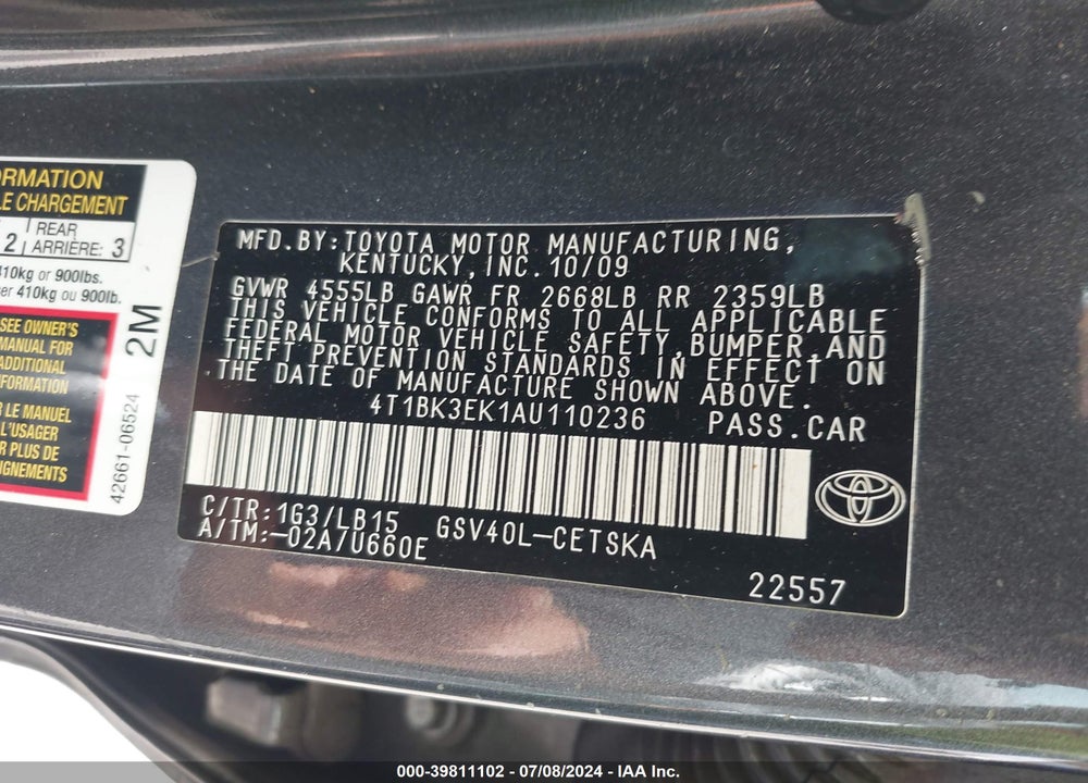 2010 TOYOTA CAMRY SE V6 VIN: 4T1BK3EK1AU110236