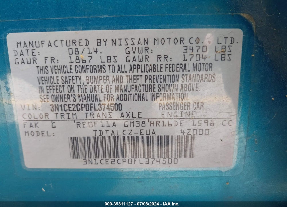 2015 NISSAN VERSA NOTE S PLUS VIN: 3N1CE2CP0FL374500