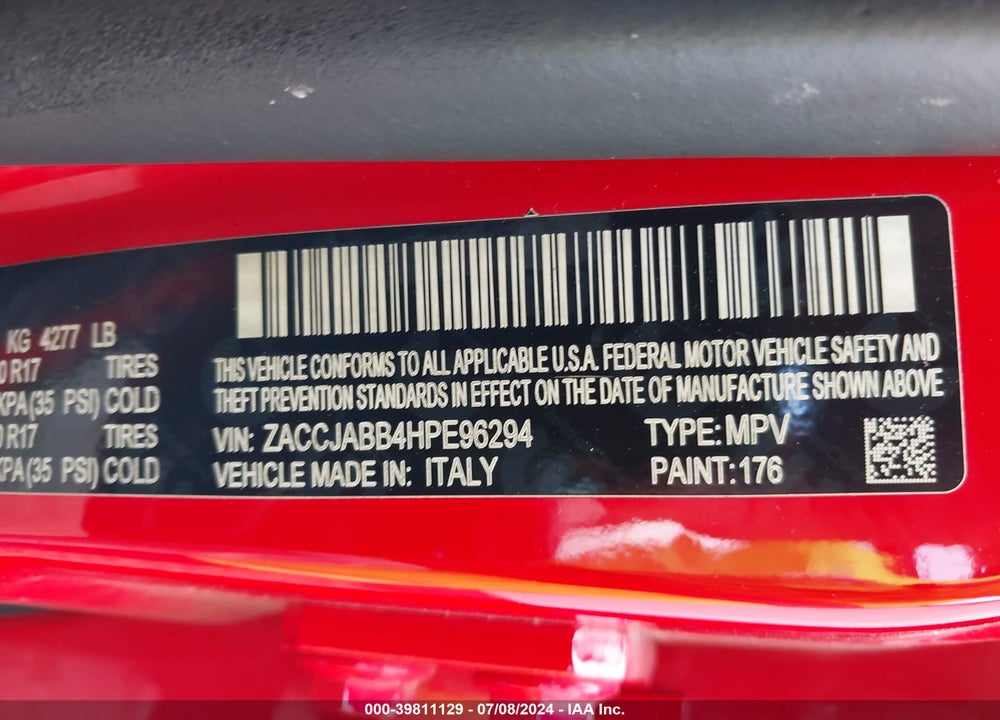 2017 JEEP RENEGADE LATITUDE FWD VIN: ZACCJABB4HPE96294