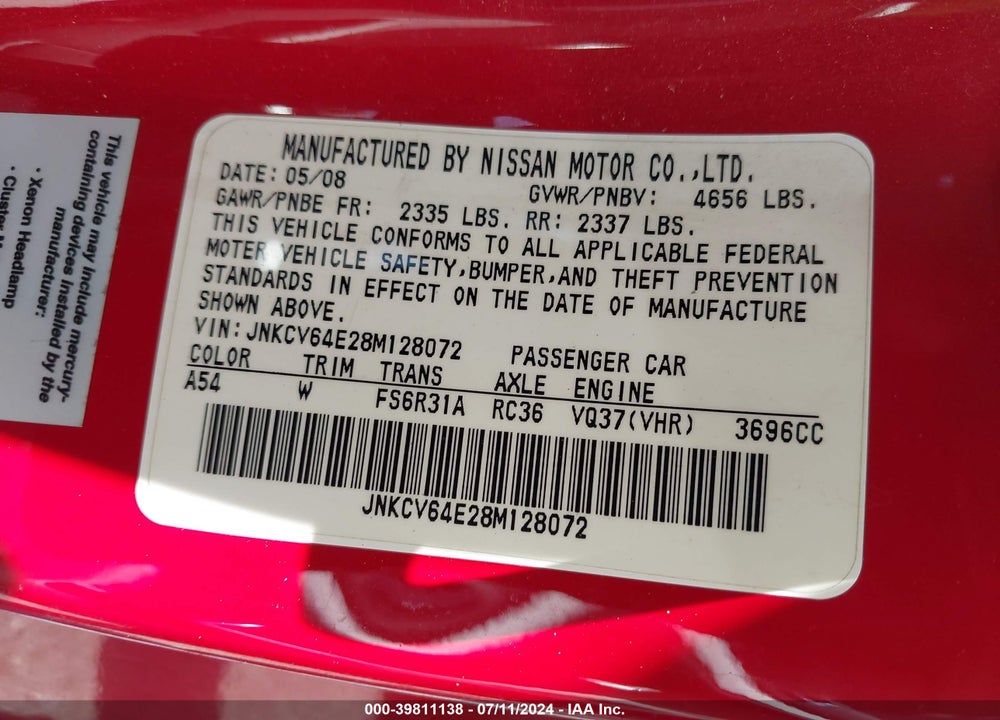 2008 INFINITI G37 SPORT VIN: JNKCV64E28M128072