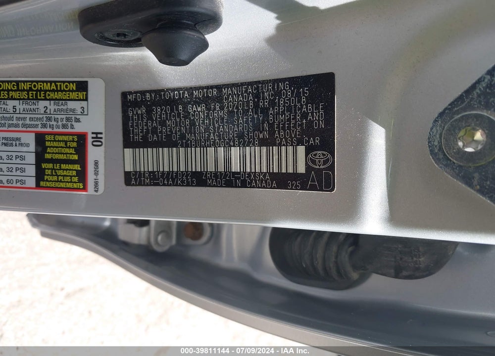 2016 TOYOTA COROLLA S PLUS VIN: 2T1BURHE0GC482728