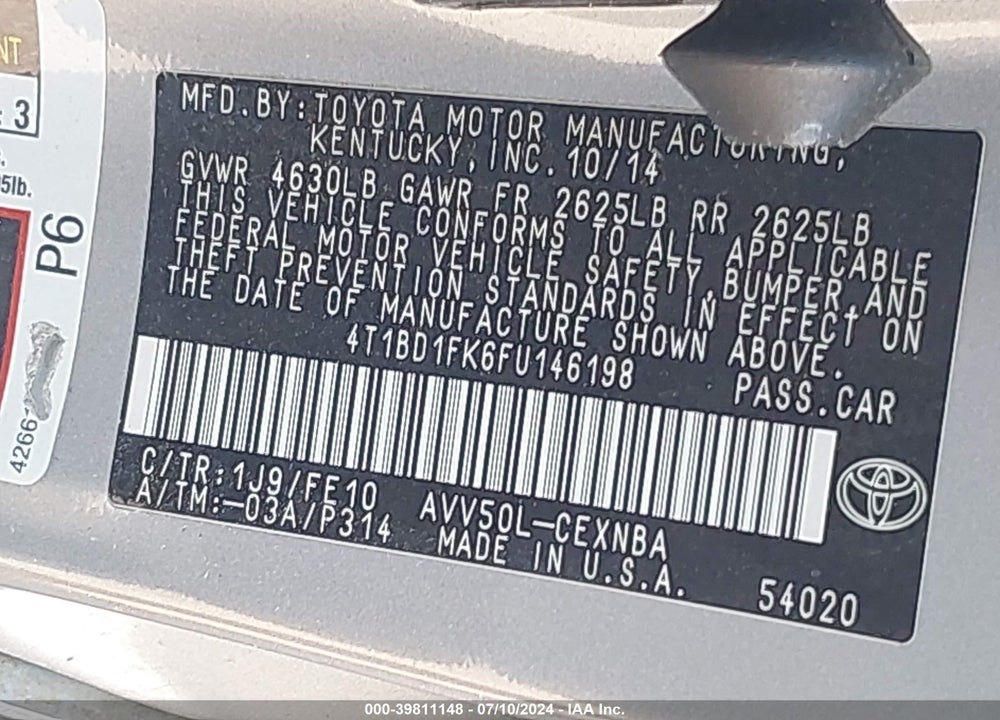 2015 TOYOTA CAMRY HYBRID VIN: 4T1BD1FK6FU146198