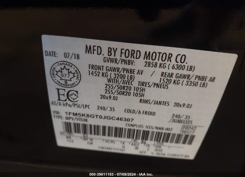 2018 FORD EXPLORER SPORT VIN: 1FM5K8GT0JGC46307