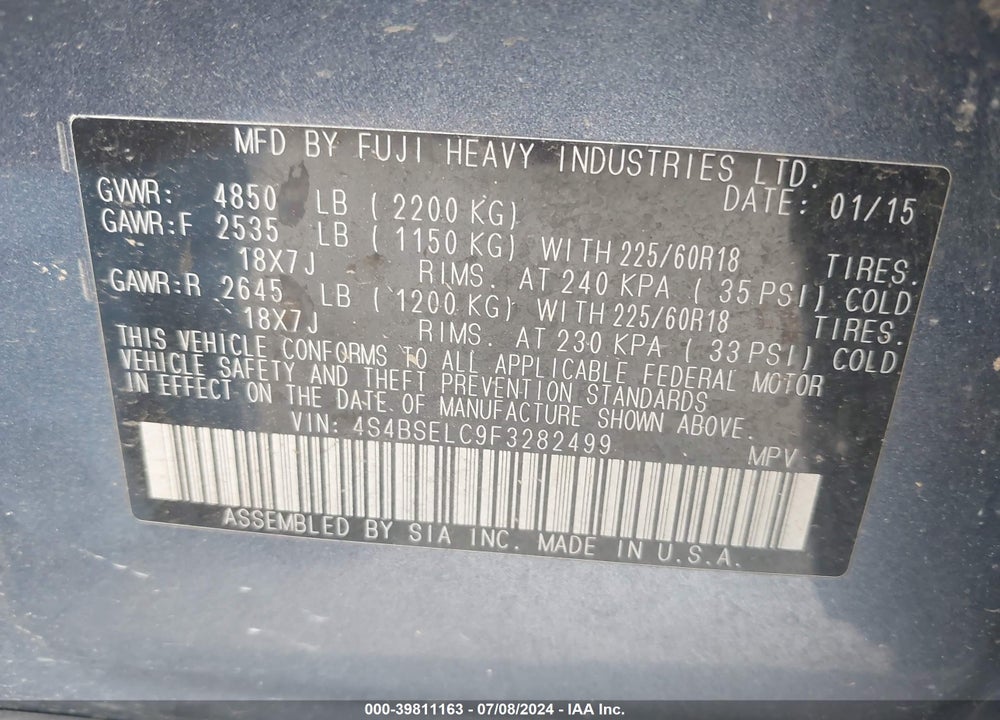 2015 SUBARU OUTBACK 3.6R LIMITED VIN: 4S4BSELC9F3282499