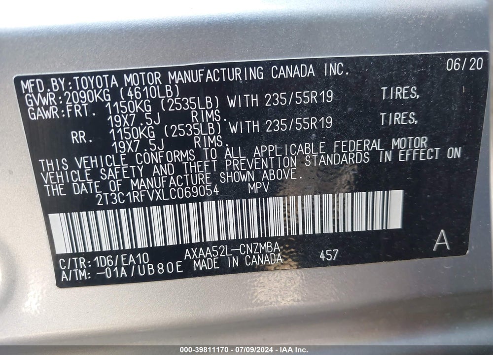 2020 TOYOTA RAV4 XLE PREMIUM VIN: 2T3C1RFVXLC069054