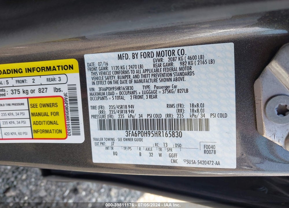 2017 FORD FUSION SE VIN: 3FA6P0H95HR165830