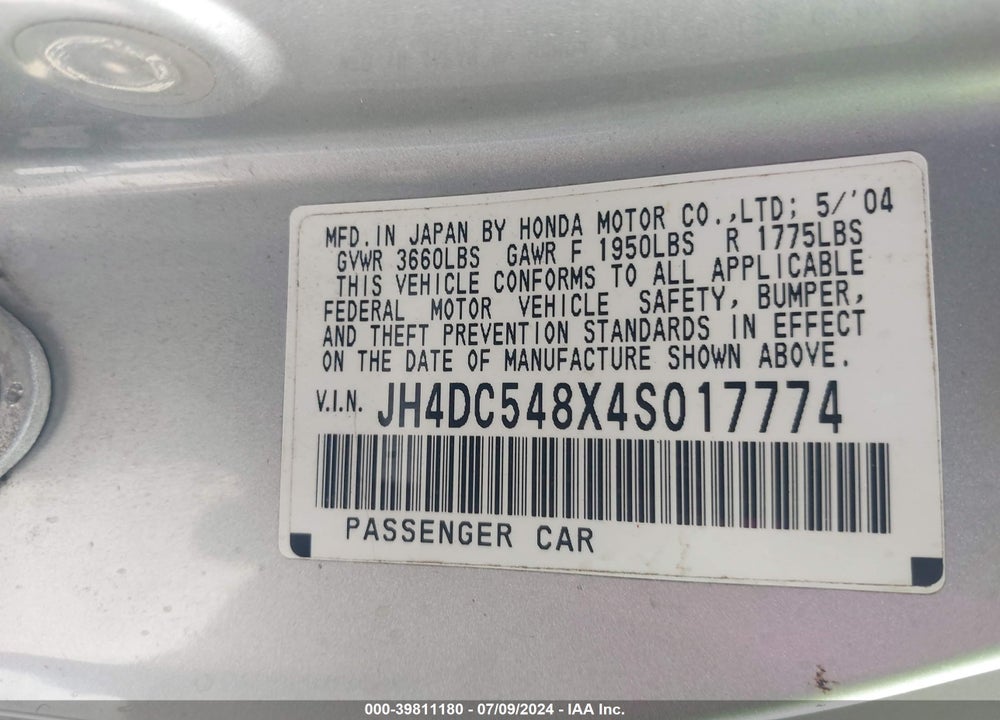 2004 ACURA RSX VIN: JH4DC548X4S017774