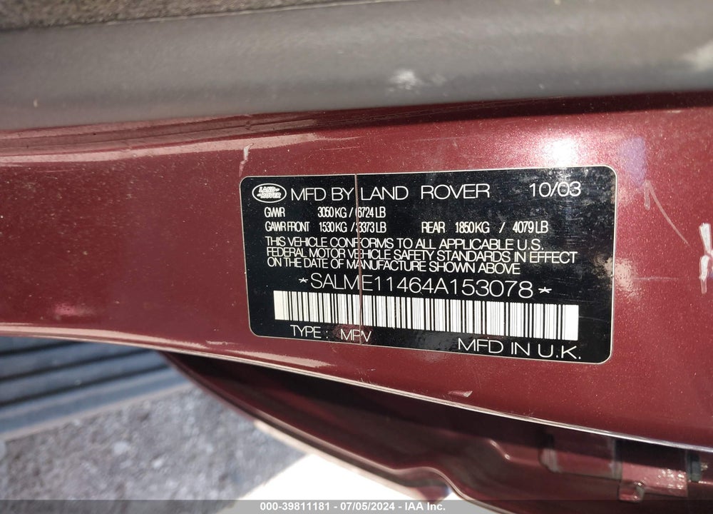 2004 LAND ROVER RANGE ROVER HSE VIN: SALME11464A153078