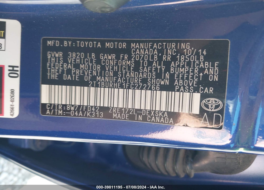 2015 TOYOTA COROLLA S PLUS VIN: 2T1BURHE1FC272766