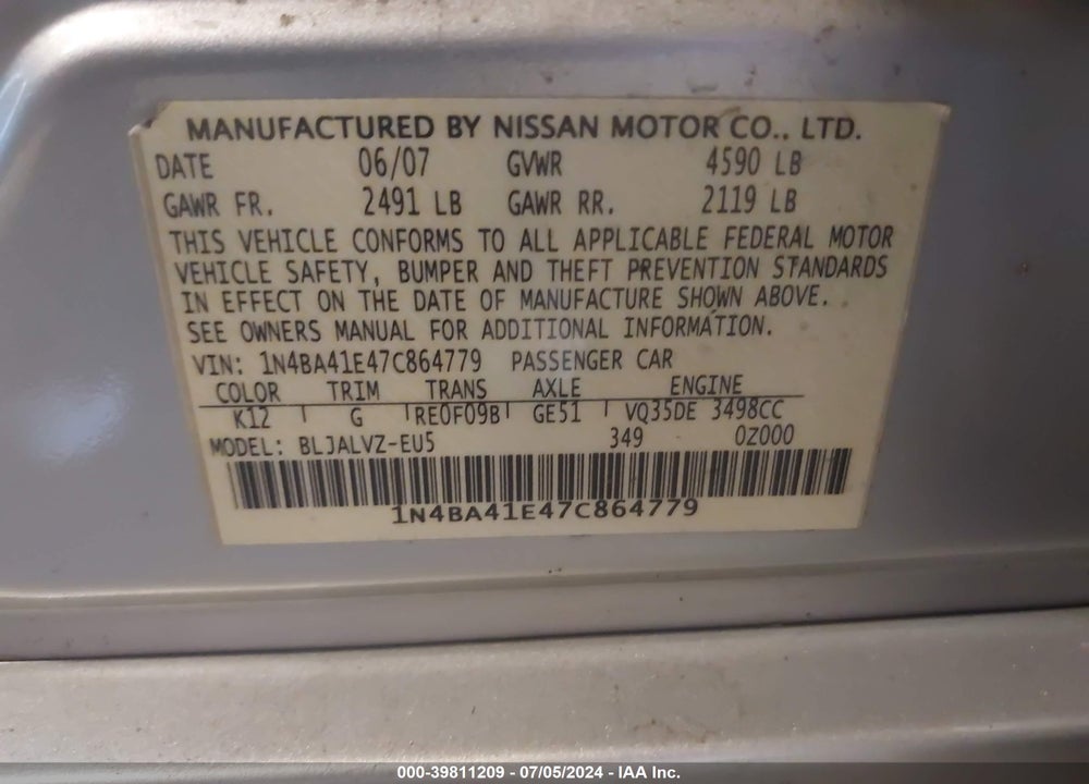 2007 NISSAN MAXIMA 3.5 SE VIN: 1N4BA41E47C864779