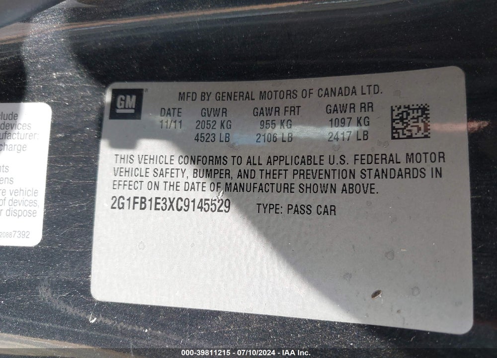 2012 CHEVROLET CAMARO 1LT VIN: 2G1FB1E3XC9145529