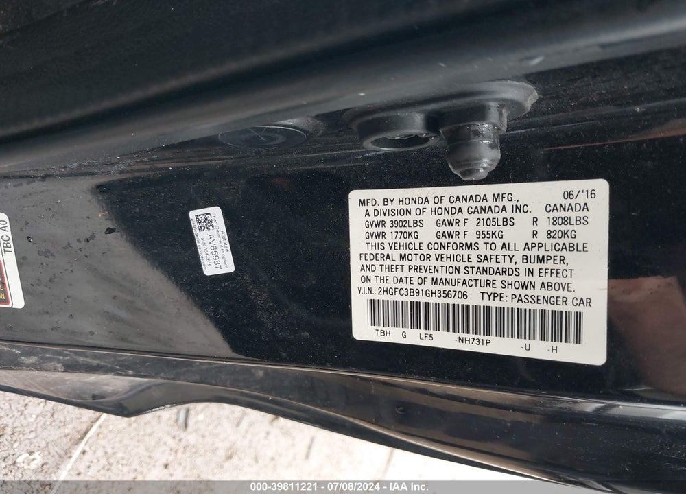 2016 HONDA CIVIC TOURING VIN: 2HGFC3B91GH356706