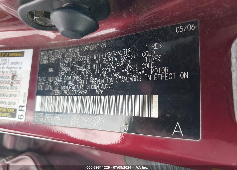 2006 TOYOTA 4RUNNER LIMITED V6 VIN: JTEBU17R268072959