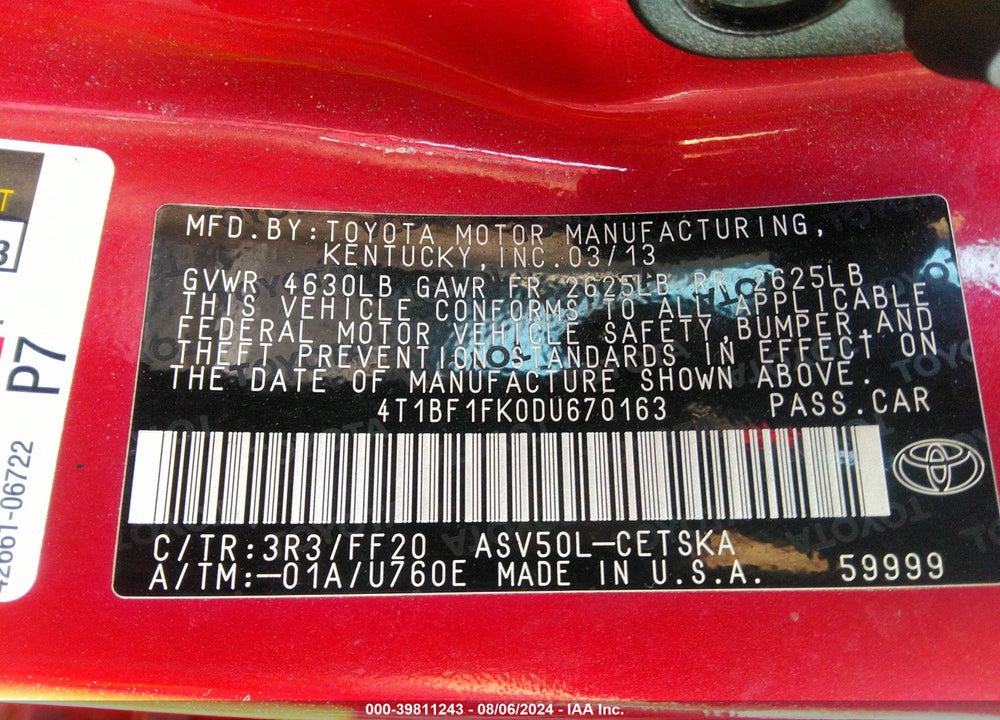 2013 TOYOTA CAMRY SE VIN: 4T1BF1FK0DU670163