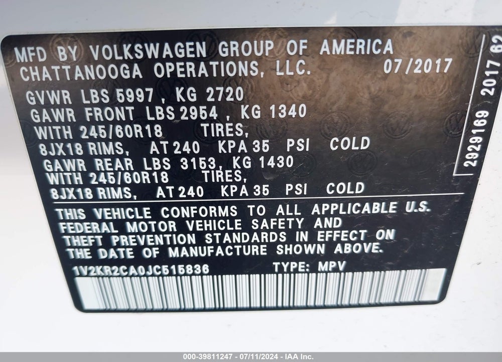 2018 VOLKSWAGEN ATLAS 3.6L V6 SE VIN: 1V2KR2CA0JC515836