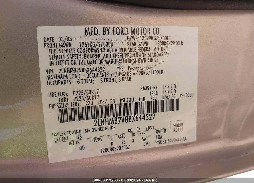 2008 LINCOLN TOWN CAR SIGNATURE LIMITED VIN: 2LNHM82V88X644322