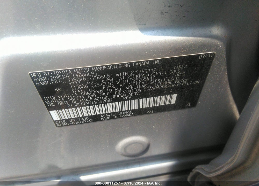 2014 TOYOTA RAV4 XLE VIN: 2T3RFREV4EW152087