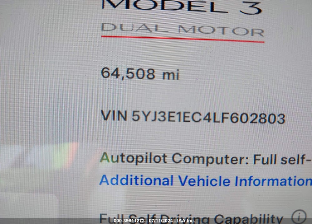 2020 TESLA MODEL 3 PERFORMANCE DUAL MOTOR ALL-WHEEL DRIVE VIN: 5YJ3E1EC4LF602803