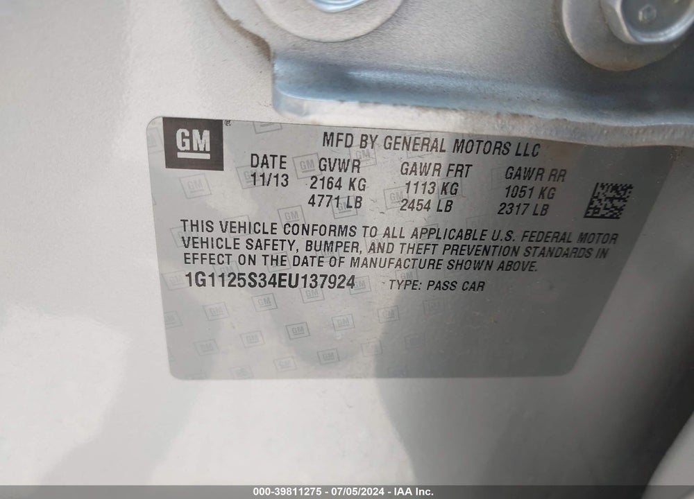 2014 CHEVROLET IMPALA 2LT VIN: 1G1125S34EU137924