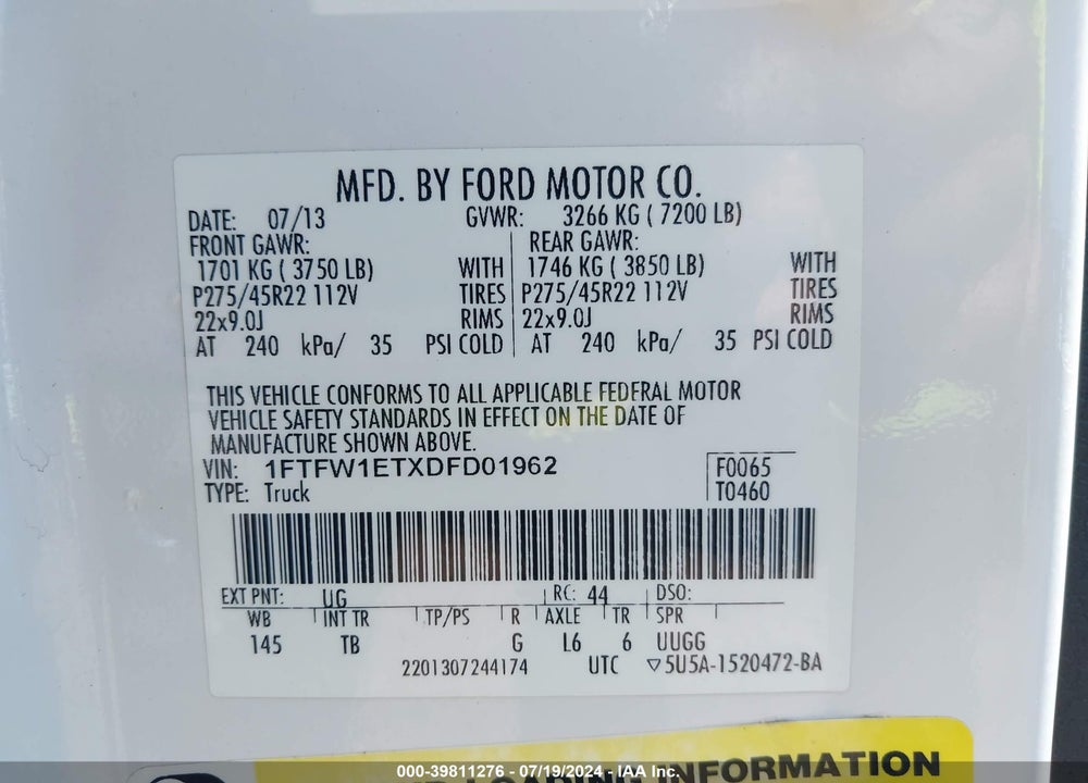 2013 FORD F-150 LIMITED VIN: 1FTFW1ETXDFD01962