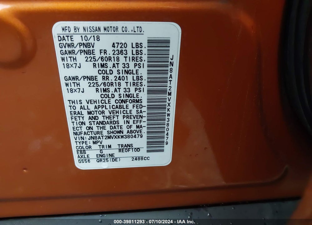 2019 NISSAN ROGUE SV VIN: JN8AT2MVXKW380479