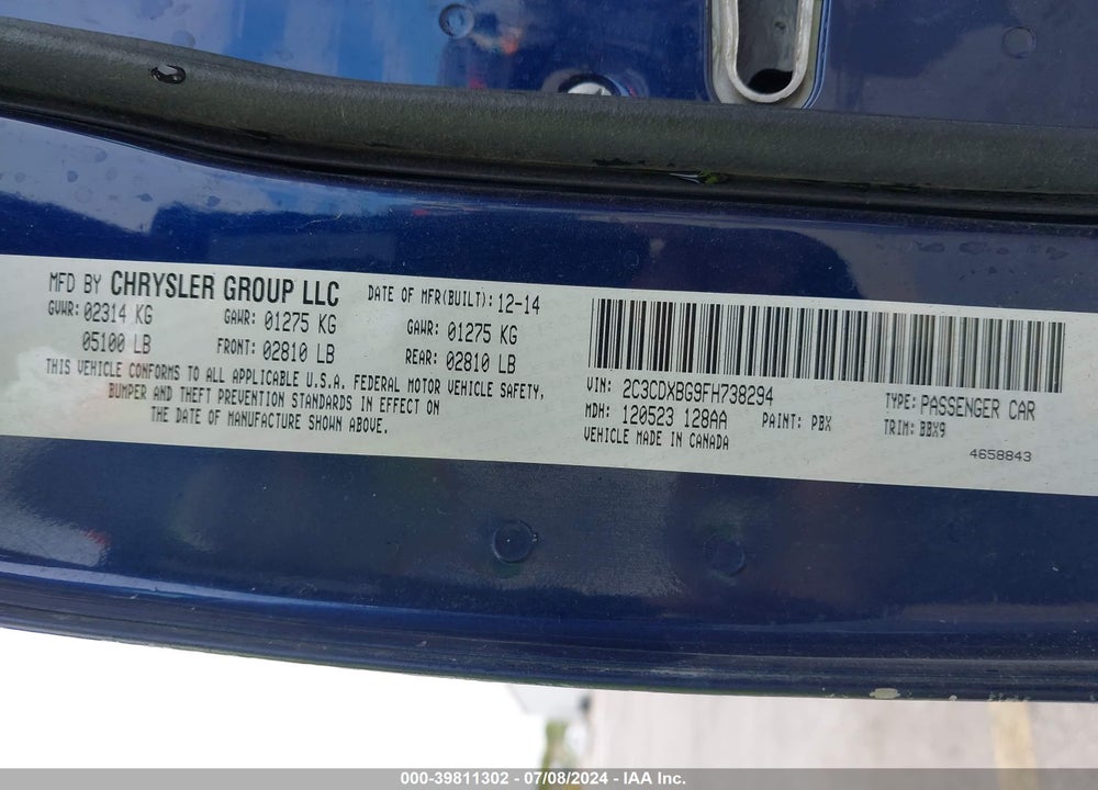 2015 DODGE CHARGER VIN: 2C3CDXBG9FH738294
