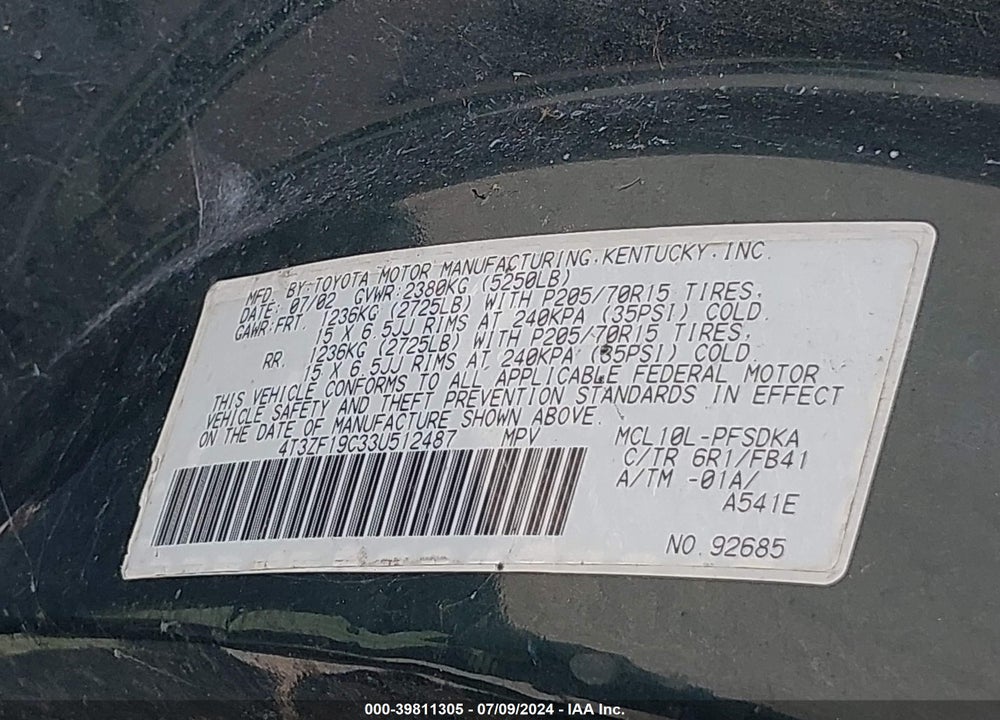 2003 TOYOTA SIENNA CE VIN: 4T3ZF19C33U512487