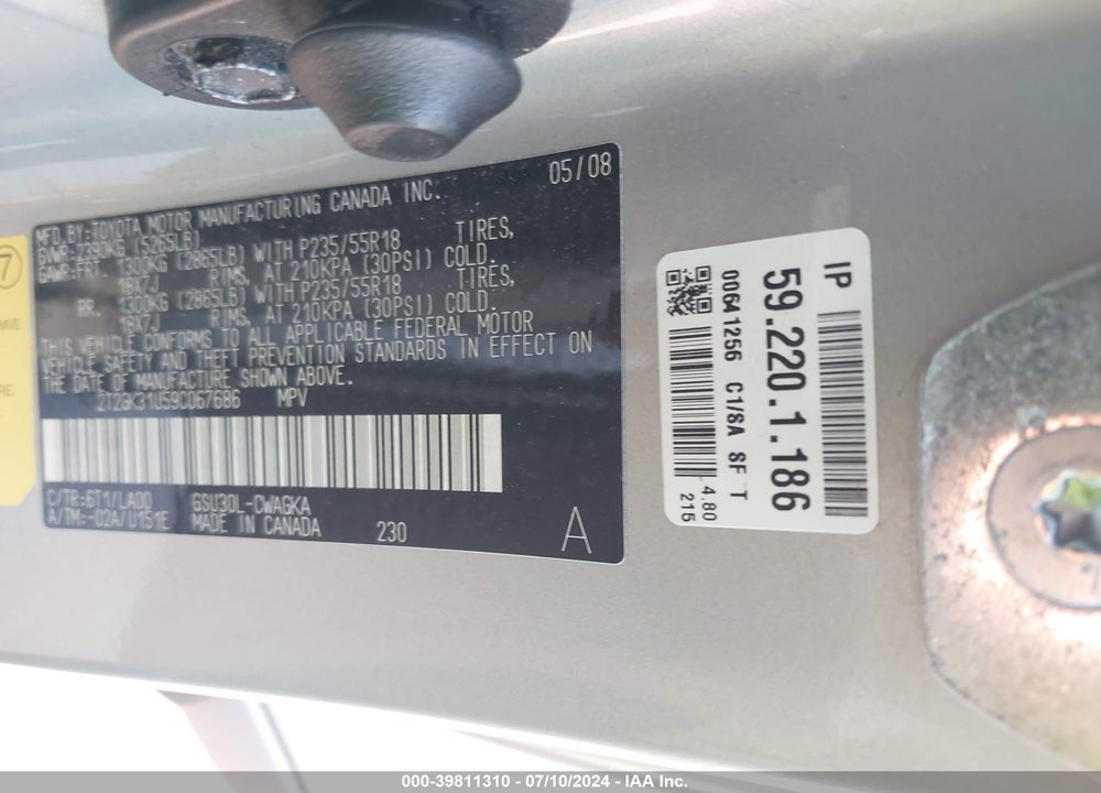 2009 LEXUS RX 350 VIN: 2T2GK31U59C067686