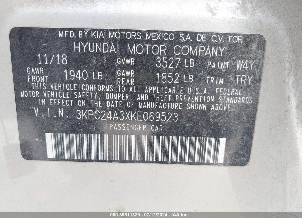 2019 HYUNDAI ACCENT SEL VIN: 3KPC24A3XKE069523
