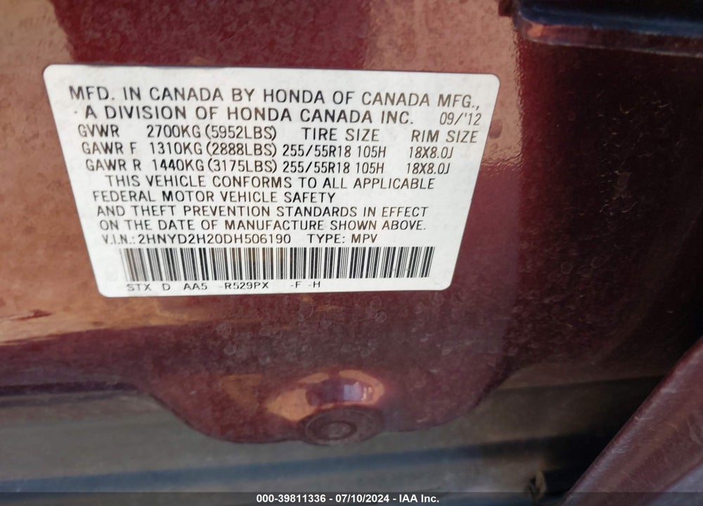 2013 ACURA MDX VIN: 2HNYD2H20DH506190