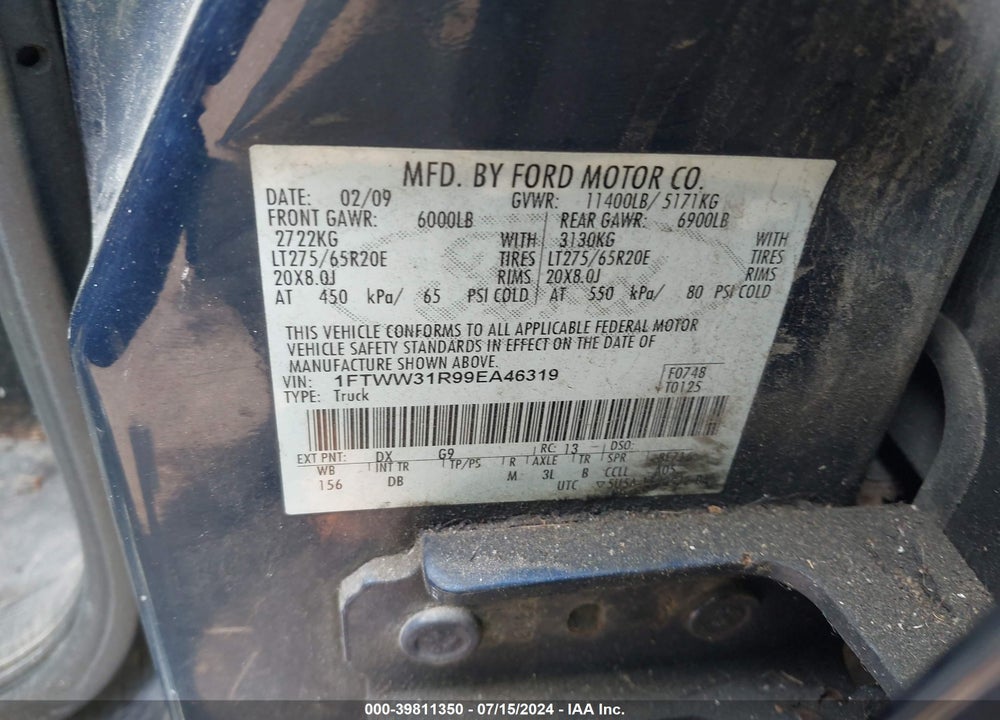 2009 FORD F-350 LARIAT VIN: 1FTWW31R99EA46319