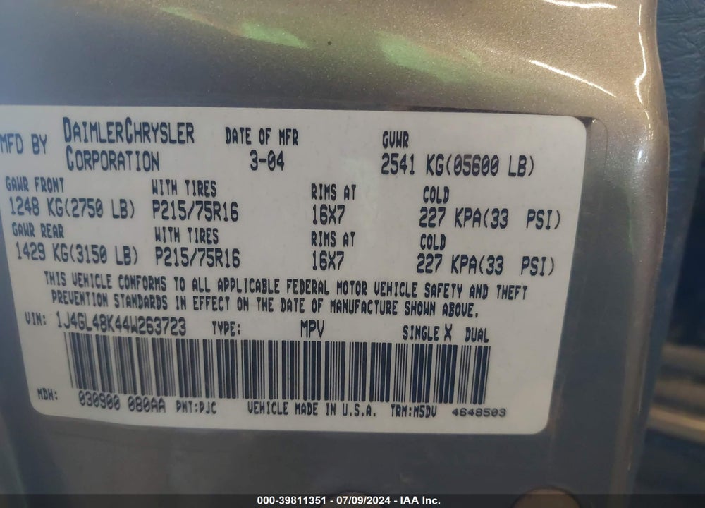 2004 JEEP LIBERTY SPORT VIN: 1J4GL48K44W263723